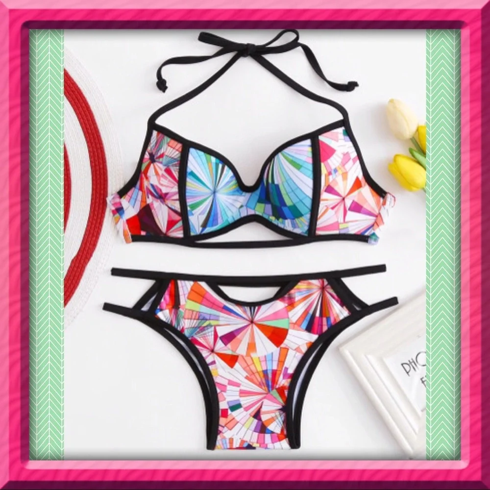 Bikini Geometric Multicolor Side Print Side Cut Out Size M NWT‎